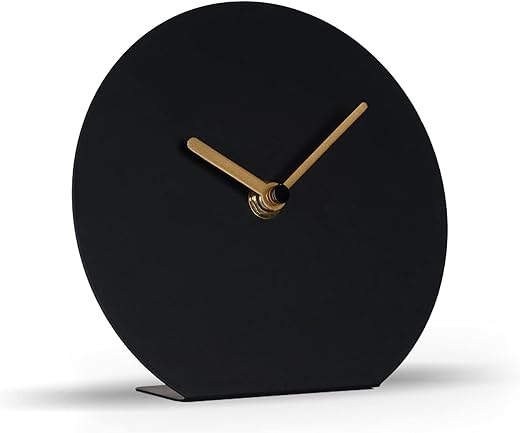 SOFFEE DESIGN 6'' One-Piece Table Clocks Without Scale Modern Minimalist Style Decoration, Iron Silent Quartz Desk Clock Creative Ornaments, Battery Operated Non Ticking for Home Office, Black