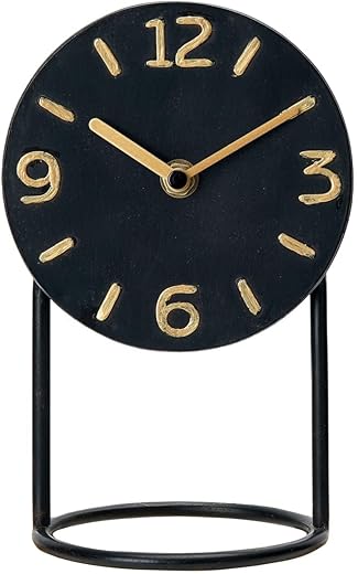 SOFFEE DESIGN Table Clock with Round Base, Iron Silent Desk Clock Battery Operated for Living Room Bedroom Home Decoration, Black