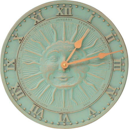 Solar Powered Metal & Glass Outdoor Sun Face Copper Finish Roman Numerals Wall Clock