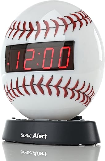 Sonic Alert Baseball Themed Digital Alarm Clock for Heavy Sleepers - Loud, Compact, Battery Backup & USB Charging - Adjustable Volume & Snooze Time