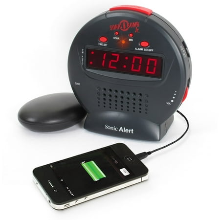 Sonic Alert Grey/Red Sonic Bomb Junior Alarm Clock with Bed Shaker - Vibrating Alarm Clock for Heavy Sleepers