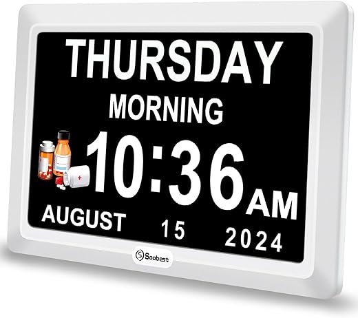 Soobest Digital Dementia Alarm Clock Large Display Day Clock for Seniors with 12 Reminders for Elderly Calendar Desk Clock with Date for Gift 8 Language for Bedroom 7 Screen Adapter Included