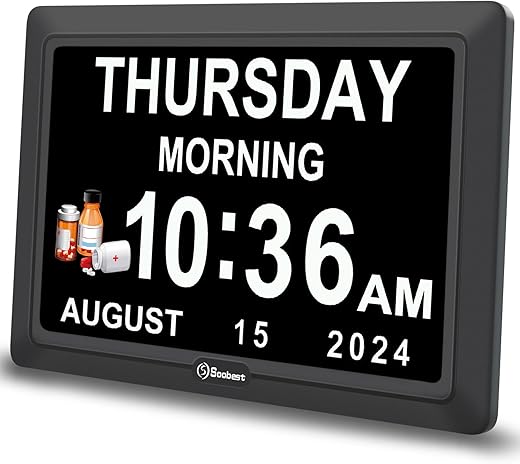 Soobest Digital Dementia Alarm Clock Large Display Day Clock for Seniors with 12 Reminders for Elderly Calendar Desk Clock with Date for Gift 8 Language for Bedroom 7 Screen Adapter Included