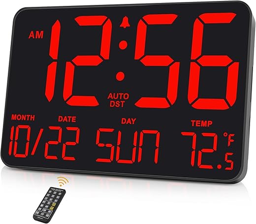 Soobest Large Display Digital Wall Calendar Clock with Date Day of Week, Alarm Clock for Bedroom Desk, Timer for Home Gym Workout 6 Dimmer Auto DST 12/24hr with Remote and Temperature(Red)