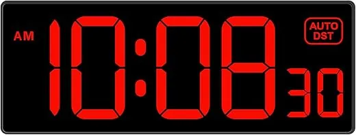 Soobest LED Digital Wall Clock with Seconds, Electric Clock Plug Auto DST Dimmer Large Display 10 Inches (Red)