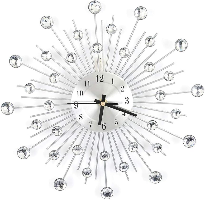 SOONHUA Wall Clock Modern Crystal Diamond Wall Clocks, Luxury Flower Wall Clock Silent Silver Crystal Wall Clocks Decor for Living Room, Bedrooms Decorative, Home Wall Art Decoration (Silver)