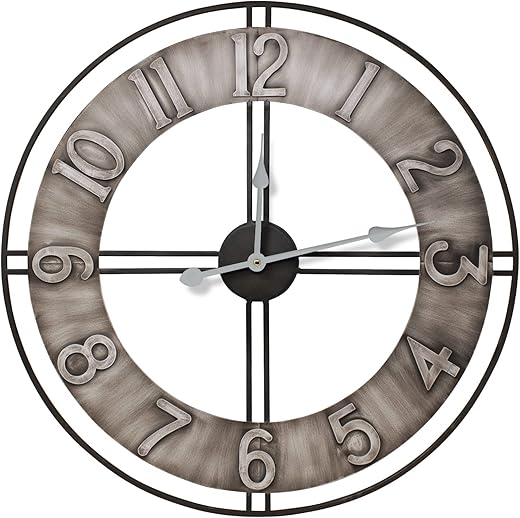 Sorbus Large Wall Clock, 24 Decorative for Kitchen, Bedrooms, Office, Analog Modern Farmhouse Style. Silent, Round Chunky Number, Home Decor, Quartz Battery Operated, Gray Metal