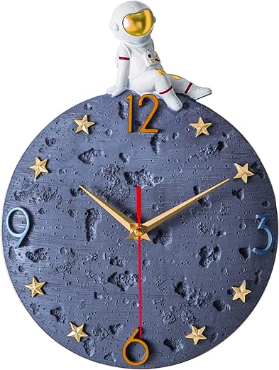 Space Theme Wall Clock, Astronaut Moon Wall Clock, 12 Inch Grey Modern Silent Clock for Kids Room Nursery Living Room Bedroom Kitchen Decor, for Children Boys and Girls Gift