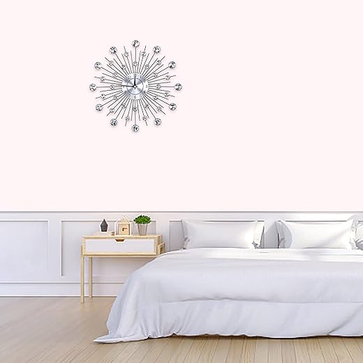 Sparkling Bling, Wall Clock with Bling Wall Clock Metallic Silver Flower Shaped Wall Clock for Living Room Office (Round Flower)