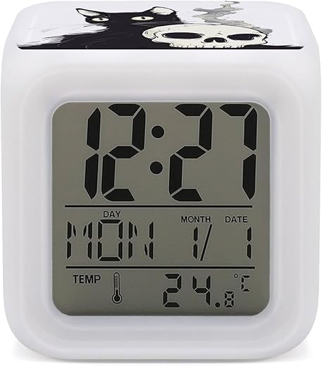 Spooky Cat and Skull Digital Alarm Clock 7 Colors Clock LED Change Glowing Cube Night Light for Bedroom Office Desk