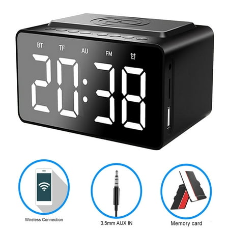 SPRING PARK Alarm Clock with Wireless Charging Dock for Phone - Radio Digital Alarm Clock with Bluetooth Speaker Brightness Display Plus USB Charger for Samsung iPhone Phone