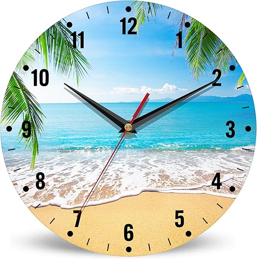 SPUNKER Clock for Bedroom,Palm Trees Kitchen Wall Clock,Hawaiian Tropical Beach Clocks 10 Inch Silent Non-Ticking Wall Battery Operated for Living Room Bedroom Bathroom Laundry Room Decor