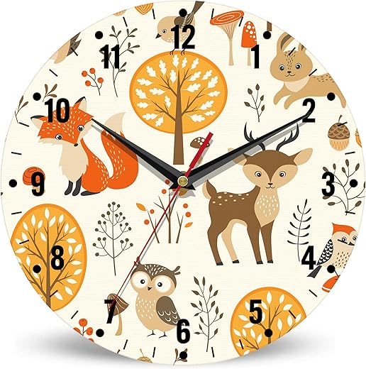 SPUNKER Clocks for Living Room,Cute Animals 10 Inch Wall Clock,Autumn Forest Small Battery Operated Wall Clocks Decorative for Kitchen/Living Room/Bedroom/Bathroom/Dining Room