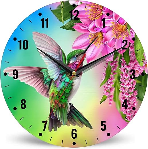 SPUNKER Clocks for Living Room,Hummingbird Wall Clock Battery Operated 10 Inch,Tropical Bird Red Flowers Round Clock Silent Non-Ticking Wall Decor for Farmhouse Office Home School Living Room Bedroom