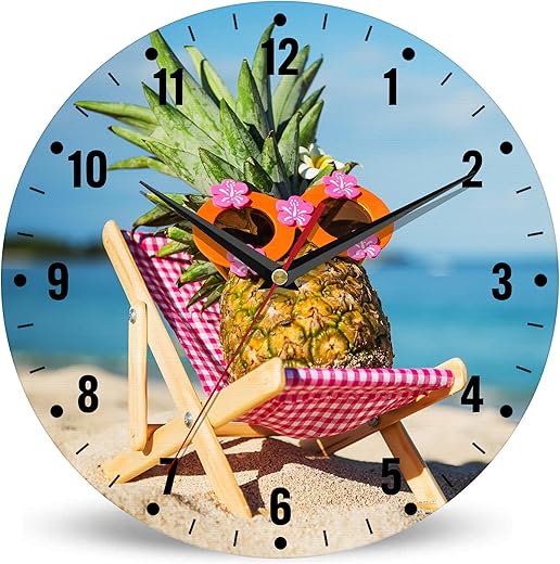 SPUNKER Clocks for Living Room,Tropical Pineapple Kitchen Wall Clock,Summer Beach Clocks 10 Inch Silent Non-Ticking Wall Battery Operated for Living Room Bedroom Bathroom Laundry Room Decor