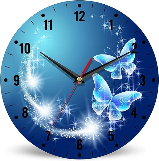 SPUNKER Wall Clock,Blue Glowing Butterflies Kitchen Wall Clock,Stars Clocks 10 Inch Silent Non-Ticking Wall Battery Operated for Living Room Bedroom Bathroom Laundry Room Decor