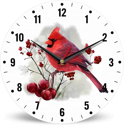 SPUNKER Wall Clock,Red Cardinal Bird Wall Clocks for Living Room Decor,Watercolor Berry Kitchen Clocks Wall Battery Operated - 10 Inch Round Bathroom Wall Clock Silent Non-Ticking