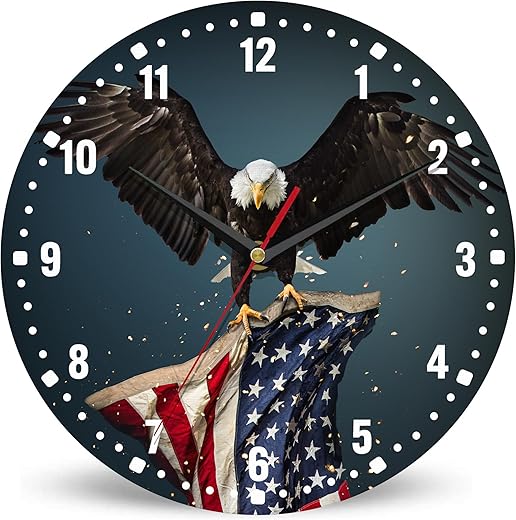 SPUNKER Wall Clocks,USA Flag Wall Clock Battery Operated 10 Inch,American Bald Eagle Round Clock Silent Non-Ticking Wall Decor for Farmhouse Office Home School Living Room Bedroom