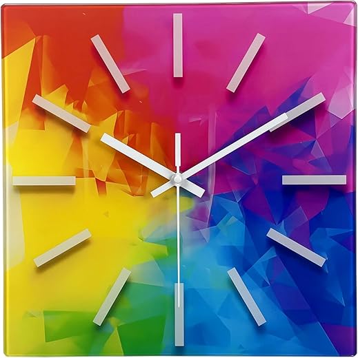 Square Glass Wall Clock Silent - Analog Wall Clocks Battery Operated 12 Inch - Colorful Wall Clock for Bedroom Living Room Office Classroom