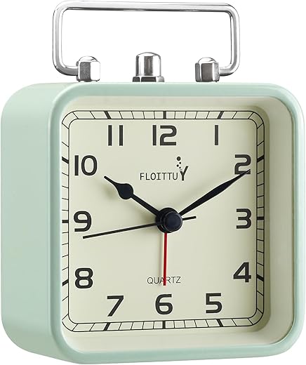 Square Metal Beep Alarm Clock Silent No Ticking, Snooze and Battery Operated, Night Light and Desk Clock for Bedroom/Travel/Kids, Easy Set(Green)