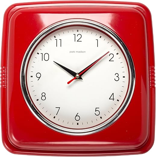 Square Silent Retro 11 inch Mid Century Modern Kitchen Diner Retro Wall Clock Silent Quartz Movement (Red)