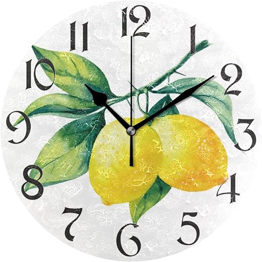 stargrass Lemon Yellow Fruits Wall Clock Round - Non-Ticking Desk Clock Battery Operated Quiet Decorative for Living Room Home Office School Kitchen (10 Incl,Small,Multicolor) (Lemon Yellow 1)