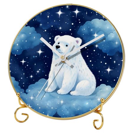 Starry sky polar bear Round Wall Clock with Printed Design, Hooks, Gold Stand - Silent Non-Ticking Clocks for Home and Office