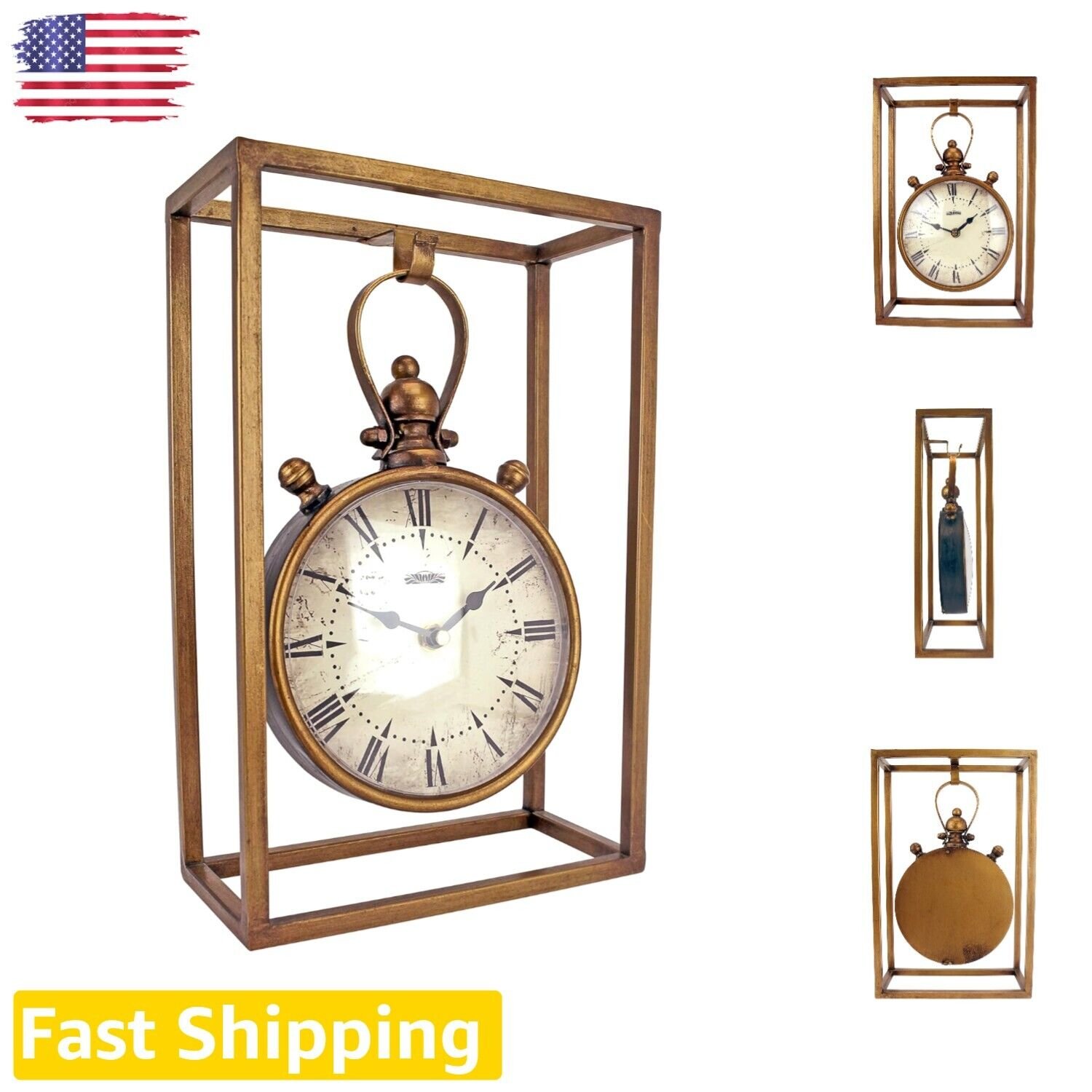 Steampunk Industrial Style Mantel Clock - 13 Inch, Metalware, Brass Finish