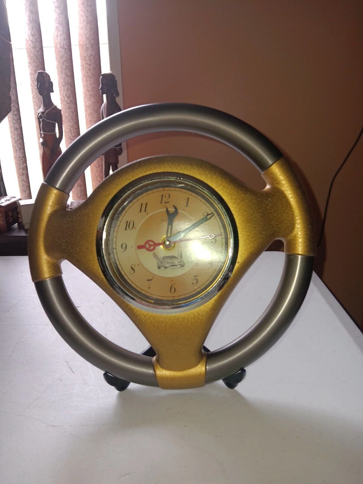 Steering Wheel Desk or Wall Clock 10” Gold & Gray Design Driven Wall Art Decor