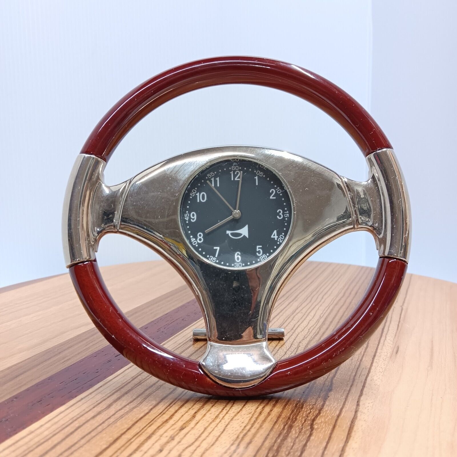 Steering Wheel Desk Wall Clock Second Hand Brown Chrome Self Standing Hanging 6"