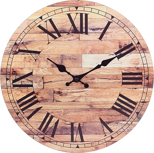 Stonebriar Old Fashioned 14 Inch Round Wood Hanging Wall Clock, Battery Operated, Rustic Wall Decor for the Living Room, Kitchen, Bedroom, and Patio