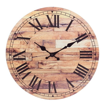 Stonebriar Old Fashioned 14 Inch Round Wood Hanging Wall Clock, Battery Operated, Rustic Wall Decor for the Living Room, Kitchen, Bedroom, and Patio