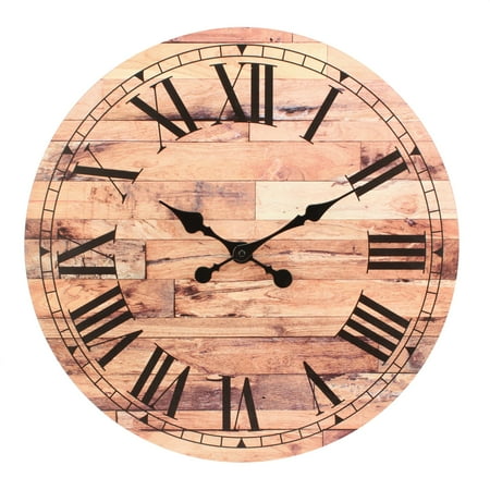 Stonebriar Old Fashioned 18 Inch Round Wood Battery Operated Hanging Wall Clock