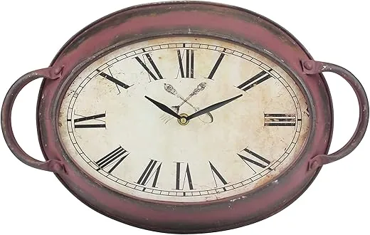 Stonebriar Rustic Farmhouse Oval Battery Operated Metal Wall Clock with Red Rust Finish