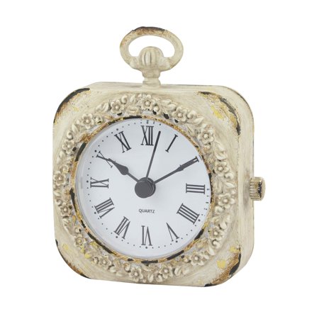 Stonebriar Small 4 Inch Decorative Table Top Clock with Roman Numerals and Antique White Finish