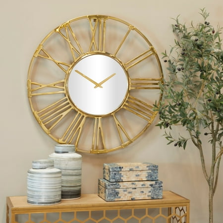 Studio 350 Gold Aluminum Metal Open Frame Geometric Wall Clock with Mirrored Glass Center