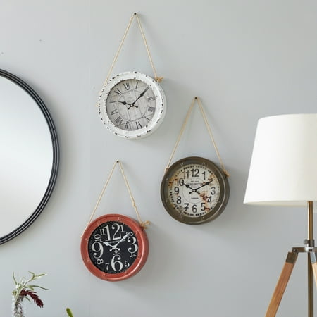 Studio 350 White Metal Wall Clock with Rope accents (Set of 3)