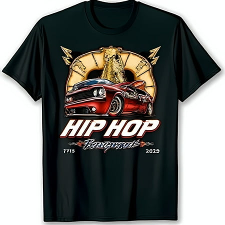 Stylish Black T-Shirt with Classic Muscle Car & Clock Face Hip Hop Roadrunners Design