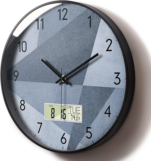 Stylish Silent Non-Ticking Round Digital Wall Clock Grey for Living Room Decor Analog Clocks Large Display Battery Operated Wall Mount Clock with Temperature Date Time Week for Office Bedroom 12 Inch