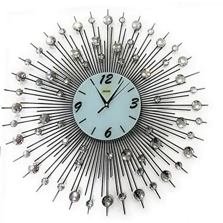 Sunburst Wall Clock Black Metal Shape with Crystals Decorative White Glass Dial 25''inch