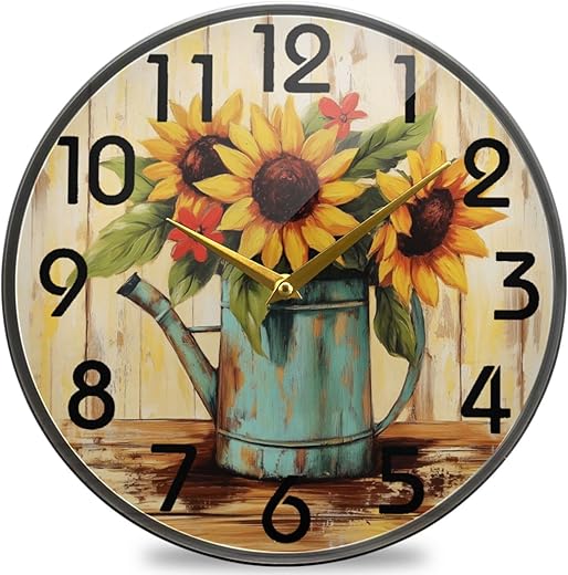 Sunflowers in Old Watering Can Board 9.5 Inch Round Wall Clock, Silent Battery Operated Quartz Analog Quiet Desk Clock for Home,Office,School,Kitchen,Office