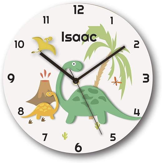 Sungwon 12 inch Personalized Dinosaur Kids Wall Clock, Kids Wall Clock with Name, Educational Clock, Silent Movement Non Ticking Quartz Wall Clocks, Kids Birthday Gift, Children Room Decor