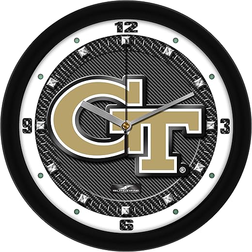 SunTime Georgia Tech Wall Clock, Printed Carbon Fiber Team Art, Silent Non-Ticking Quartz Movement, 11.5