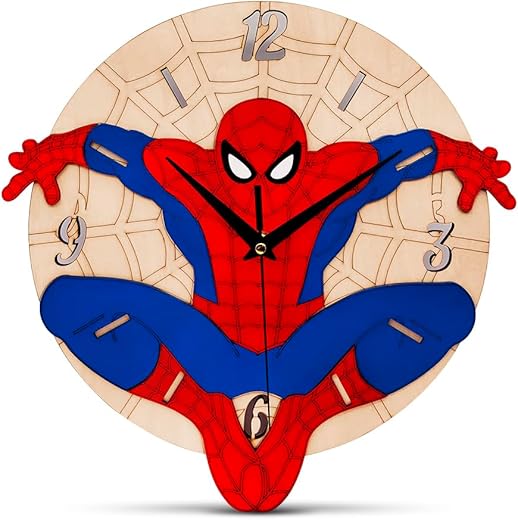 Superhero Wall Clock for Kids, 12'' Frameless Wooden Wall Clock, Battery Operated Silent Analog Clock, Bedrooms Office Home Wall Decor, Birthday Party Supplies for Boys and Girls