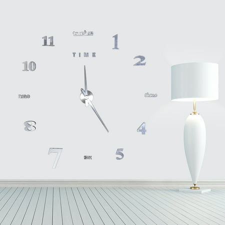 Super Large DIY Wall Clock 3D Frameless Non-ticking Clock Decoration for Home Living Room Silver