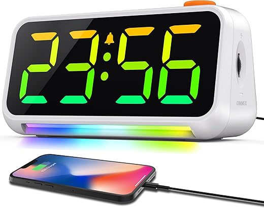 Super Loud Alarm Clock for Bedroom, Heavy Sleepers Adults, 3 Alarm Types, RGB Dynamic Color Changing, Bedside Digital Clock for Teens & Kids, with Snooze, LED Atmosphere Light, USB Charger