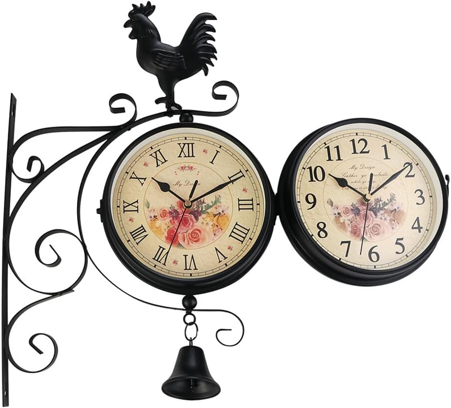 Surakey Vintage Station Clock, Retro Double-Sided Garden Wall Clock, Wall Hanging Silent Clock for Indoor Decorative, Antique Style Creative Classic Cafe Library Wall Clocks Decoration, Type 2