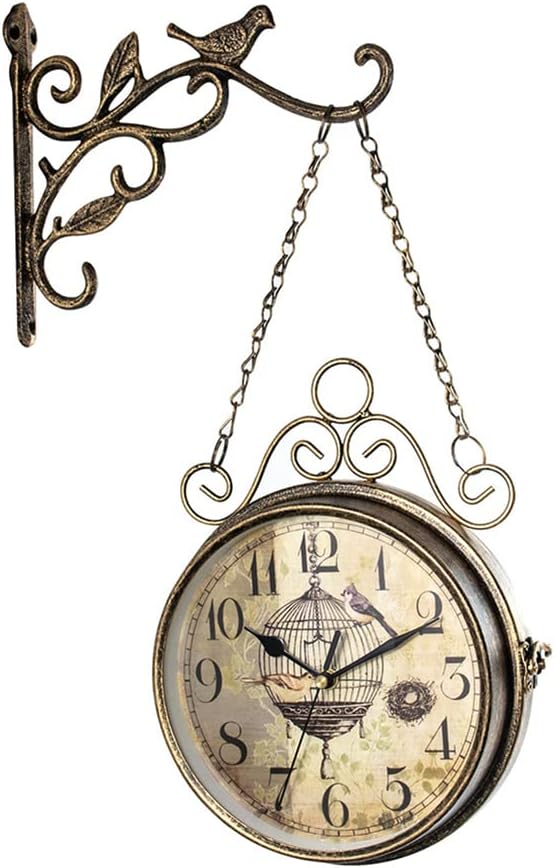 Surakey Wrought Iron Antique-Look Brown Round Wall Hanging Double Sided Two Faces Retro Station Clock Chandelier Wall Hanging Clock Wall Side Mount Home Decor 8-inch, Type 2