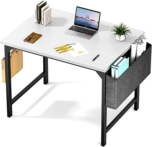 Sweetcrispy Computer Desk - 32 Inch Small Office Writing Work Study Kids Student Teacher Home Bedroom Table Storage Bag Headphone Hooks & no Wheels - White