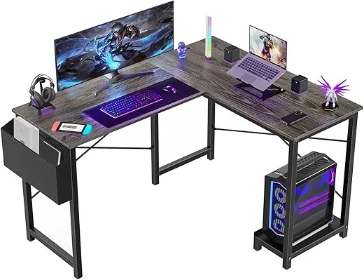 Sweetcrispy L Shaped Desk Gaming Computer 50 Inch Reversible Corner Table PC Work Table for Writing Study Student with Wood Tabletop Metal Frame CPU Stand Side Bag for Home Office Small Place, Grey